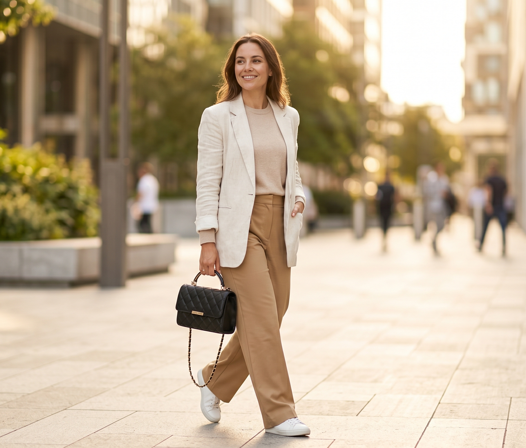 Confident woman in casual outfit carrying a medium handbag